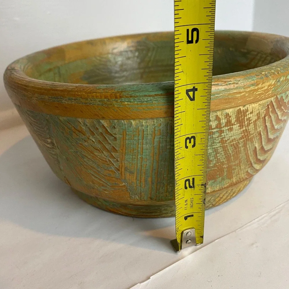 Vintage Handcrafted Rustic‎ Wood Bowl Green Brown Distressed Farmhouse Boho